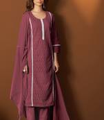 Maroon pure cotton schiffly kurta set with dupatta for women