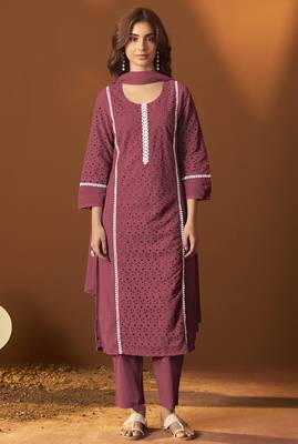 Maroon pure cotton schiffly kurta set with dupatta for women 2