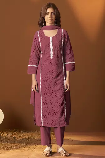 Maroon pure cotton schiffly kurta set with dupatta for women