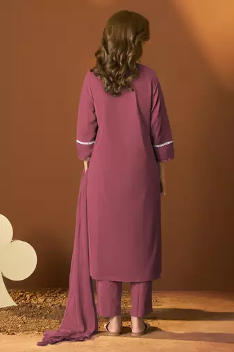 Maroon pure cotton schiffly kurta set with dupatta for women