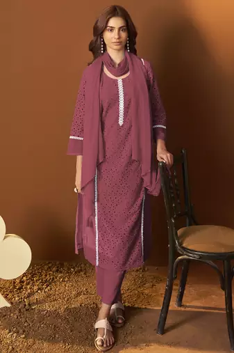 Maroon pure cotton schiffly kurta set with dupatta for women