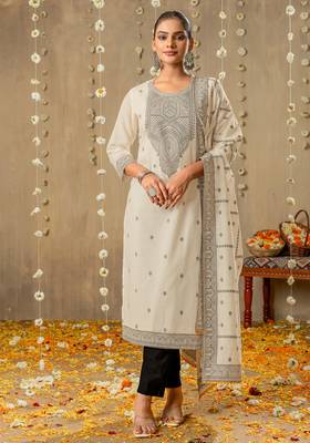 White pure cotton jacquard kurta set with dupatta for women 1