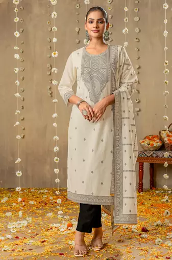 White pure cotton jacquard kurta set with dupatta for women