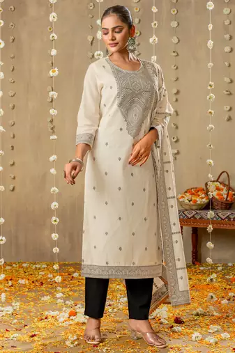 White pure cotton jacquard kurta set with dupatta for women