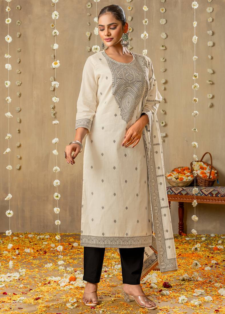 White pure cotton jacquard kurta set with dupatta for women