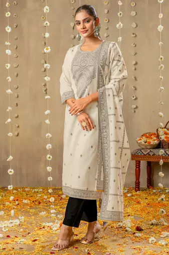 White pure cotton jacquard kurta set with dupatta for women