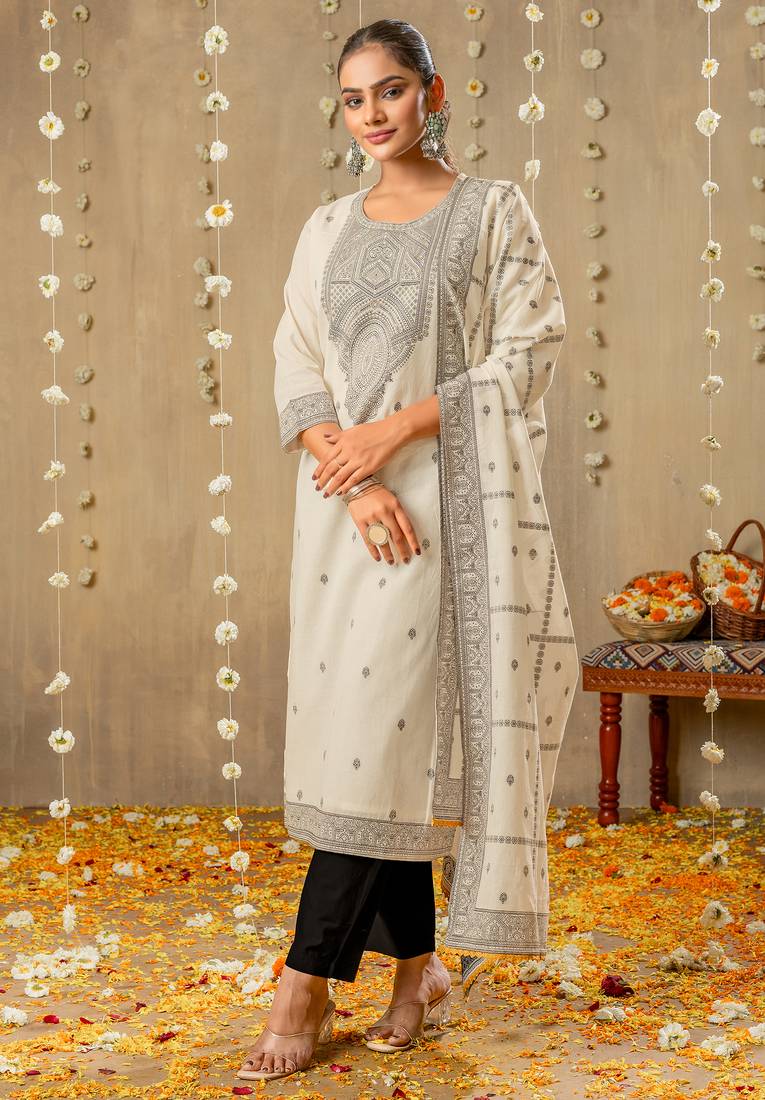 White pure cotton jacquard kurta set with dupatta for women