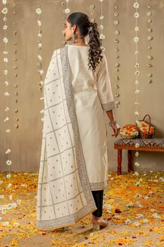 White pure cotton jacquard kurta set with dupatta for women