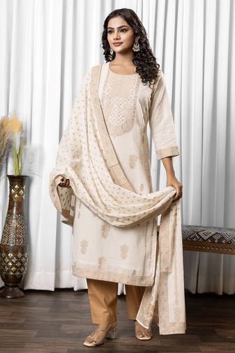 White pure cotton jacquard straight kurta set with dupatta