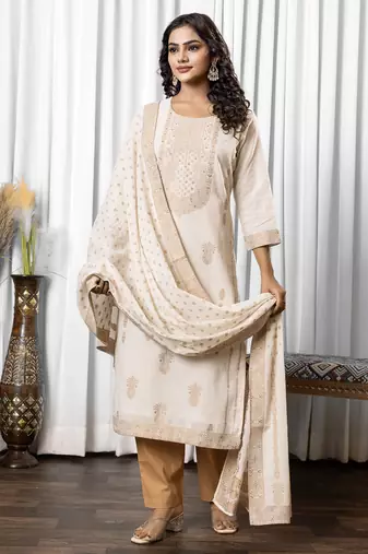 White pure cotton jacquard straight kurta set with dupatta