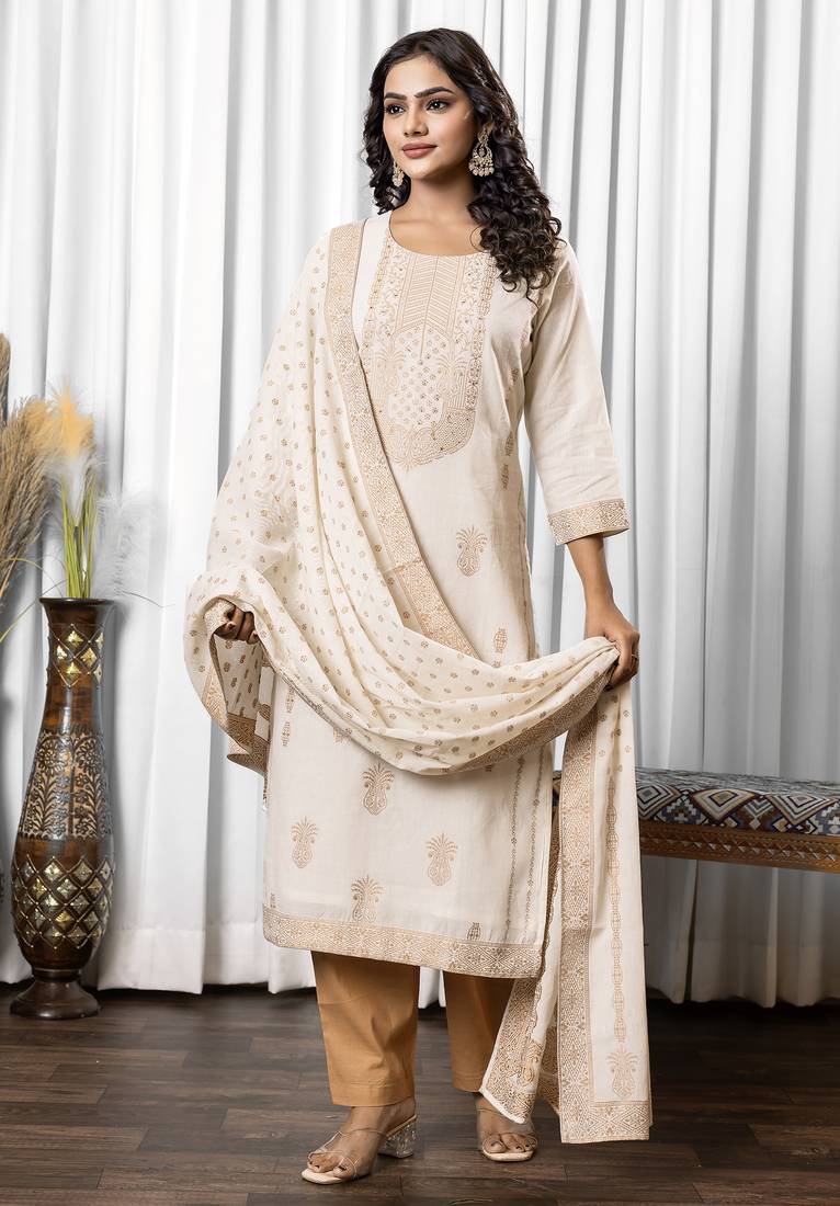 White pure cotton jacquard straight kurta set with dupatta