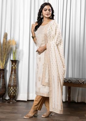 White pure cotton jacquard straight kurta set with dupatta 2