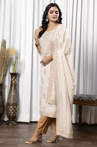 White pure cotton jacquard straight kurta set with dupatta