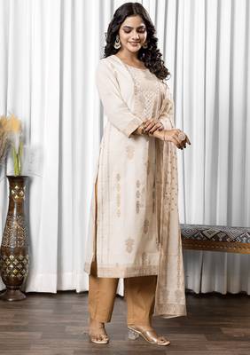 White pure cotton jacquard straight kurta set with dupatta 3