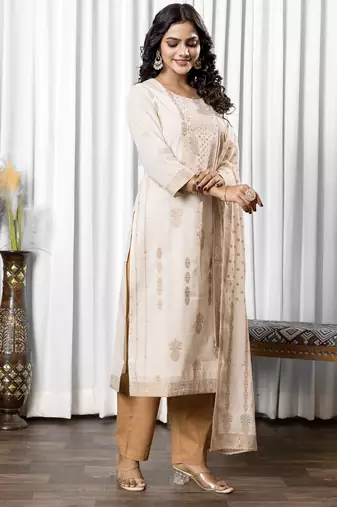 White pure cotton jacquard straight kurta set with dupatta