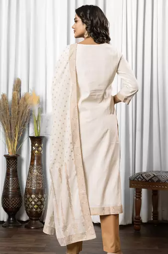 White pure cotton jacquard straight kurta set with dupatta
