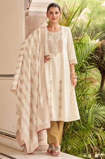 White pure cotton jacquard anarkali kurta with pyjamas & dupatta