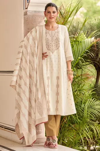 White pure cotton jacquard anarkali kurta with pyjamas & dupatta