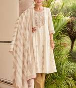 White pure cotton jacquard anarkali kurta with pyjamas & dupatta