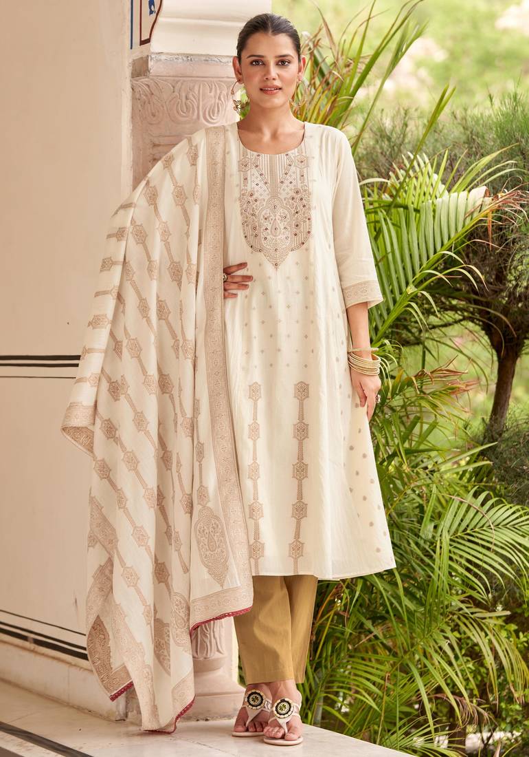 White pure cotton jacquard anarkali kurta with pyjamas & dupatta