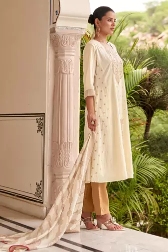 White pure cotton jacquard anarkali kurta with pyjamas & dupatta