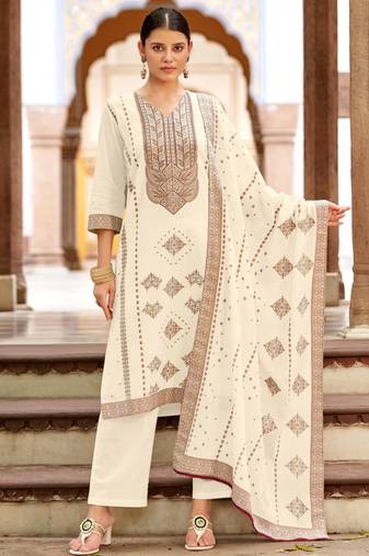 White pure cotton jacquard straight kurta set with dupatta