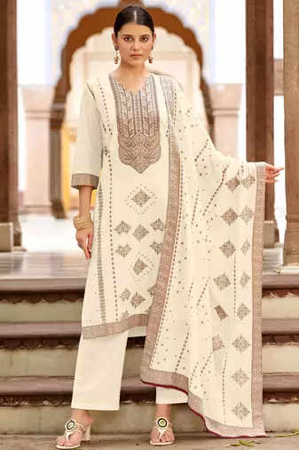 White pure cotton jacquard straight kurta set with dupatta