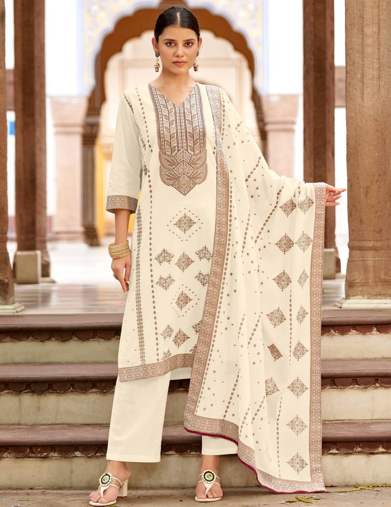 White pure cotton jacquard straight kurta set with dupatta