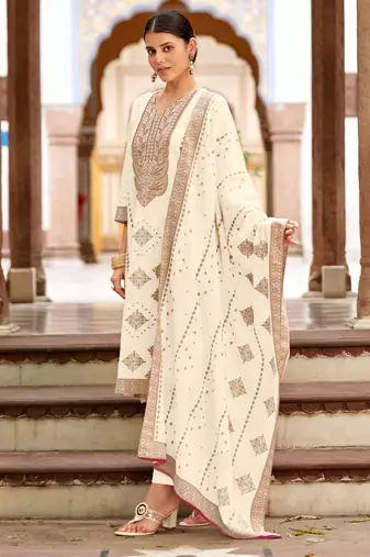 White pure cotton jacquard straight kurta set with dupatta