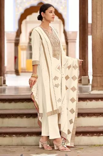 White pure cotton jacquard straight kurta set with dupatta