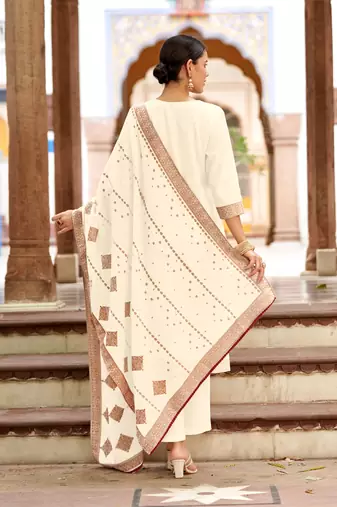White pure cotton jacquard straight kurta set with dupatta