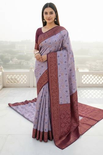 Lavender wine soft silk blend banarasi jacuard work designer party wear saree with unstitched blouse piece