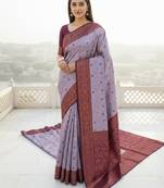 Lavender wine silk blend banarasi saree with unstitched blouse piece