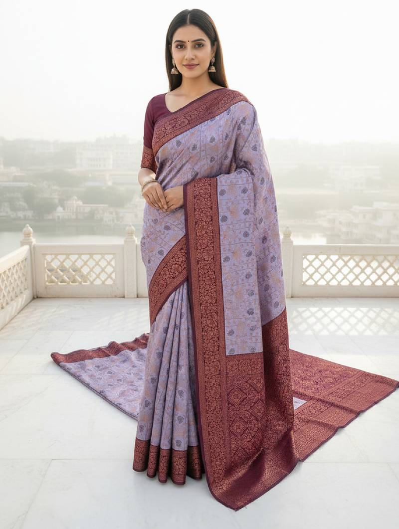 Lavender wine soft silk blend banarasi jacuard work designer party wear saree with unstitched blouse piece