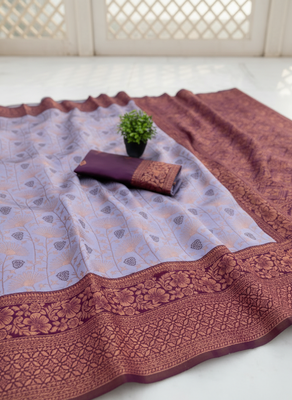 Lavender wine silk blend banarasi saree with unstitched blouse piece 2