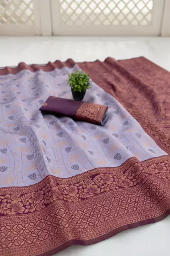 Lavender wine silk blend banarasi saree with unstitched blouse piece