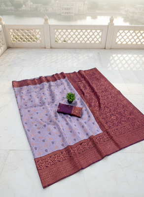 Lavender wine silk blend banarasi saree with unstitched blouse piece 3