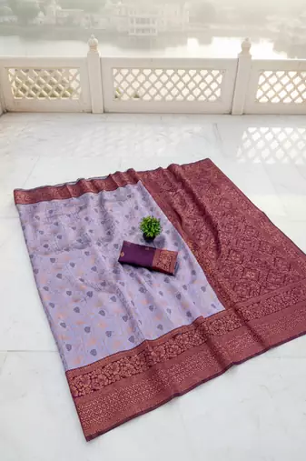 Lavender wine silk blend banarasi saree with unstitched blouse piece
