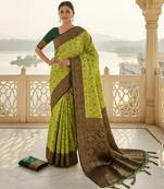 Lemon green silk blend banarasi saree with unstitched blouse piece