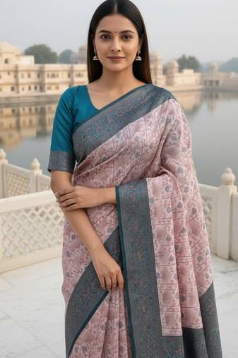 Peach sky silk blend banarasi saree with unstitched blouse piece