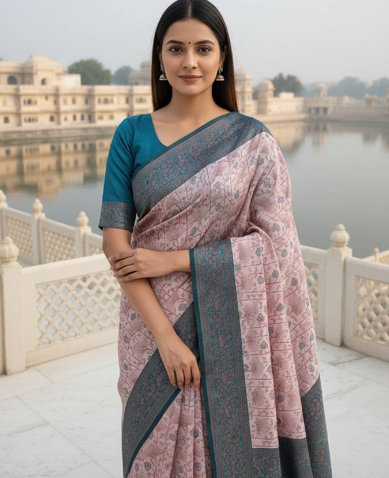 Peach sky soft silk blend banarasi jacuard work designer party wear saree with unstitched blouse piece