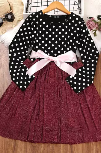 Black polka dot glitter knit fit & flare girls dress