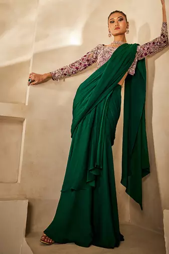 Emerald Green Embroidered Satin Chiffon Draped Saree Set