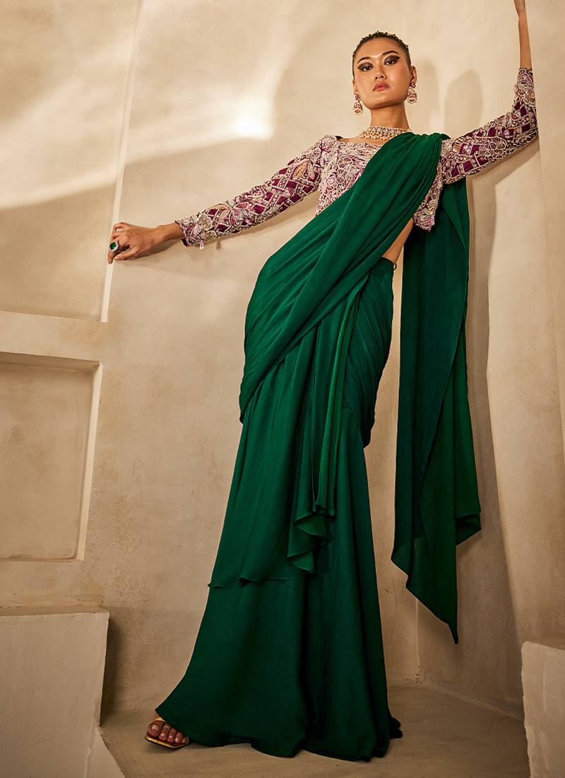 Emerald Green Embroidered Satin Chiffon Draped Saree Set