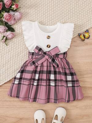 White & pink checked print cotton blend fit & flare girls dress 1