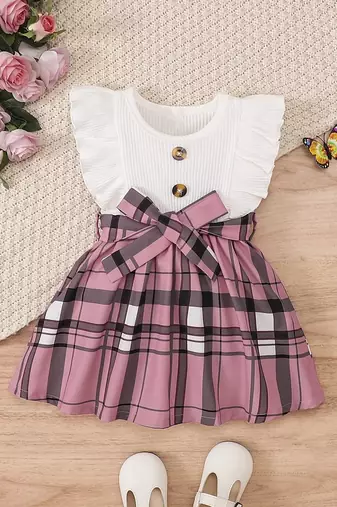 White & pink checked print cotton blend fit & flare girls dress