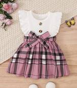 White & pink checked print cotton blend fit & flare girls dress