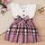 White & pink checked print cotton blend fit & flare girls dress