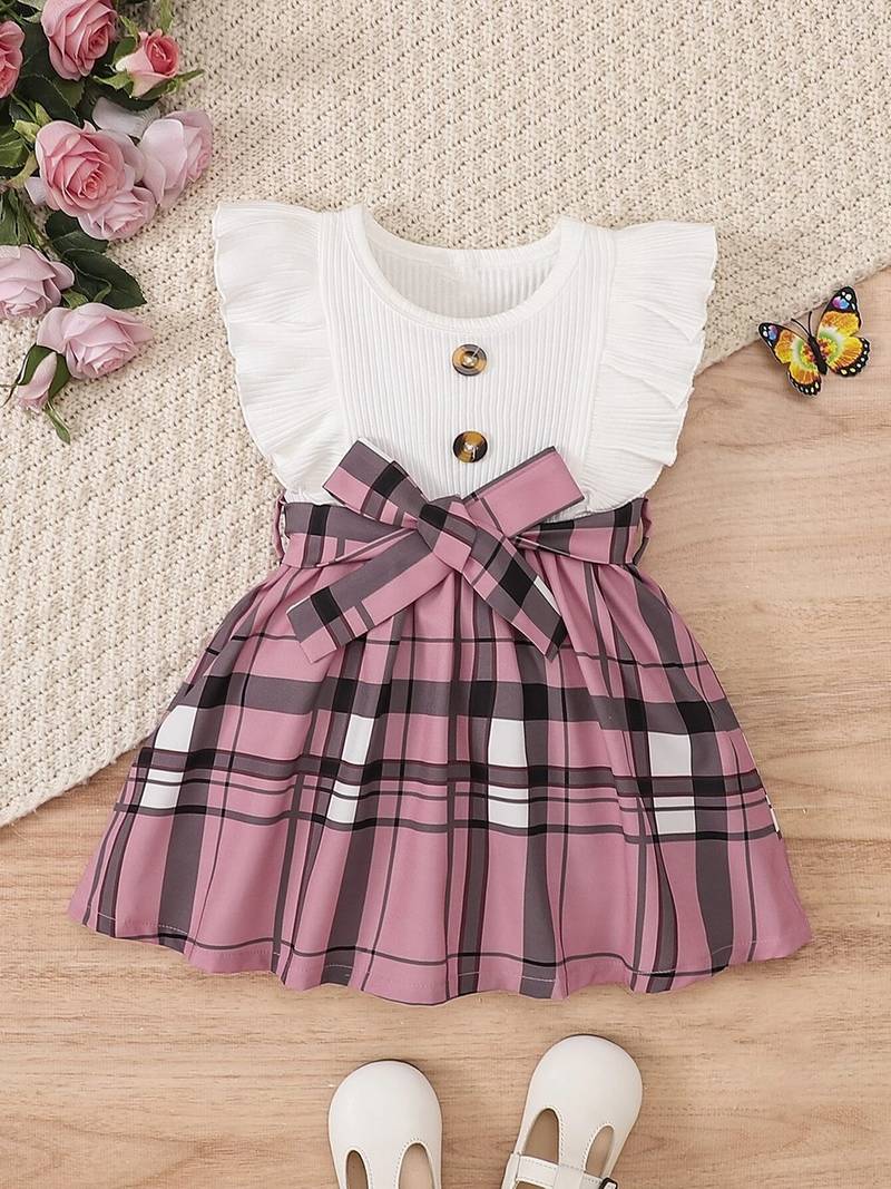 White & pink checked print cotton blend fit & flare girls dress