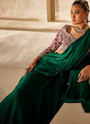 Emerald Green Embroidered Satin Chiffon Draped Saree Set 2